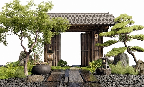 Courtyard gate Courtyard sketch Landscape Landscaping Stone Ting Stone Plate Road Landscape Tree Plant Landscape 3d model