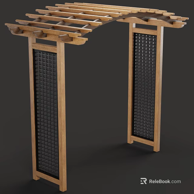 Traditional Chinese Wooden Structure With Lattice Design And Black Panels 3d model 
