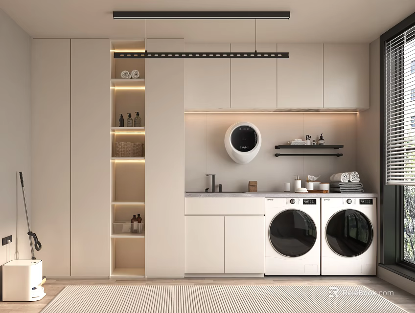 Modern Laundry Room With Two Washing Machines White Cabinetry And Storage Shelves 3d model 