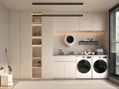 Modern Laundry Room With Two Washing Machines White Cabinetry And Storage Shelves 3d model