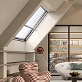 Modern Loft Style Living Room With Sloped Ceiling Skylight And Glass Door Bookshelf