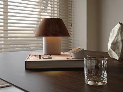 Modern Table Lamp On Desk With Window Blinds Books Glass And Stone Decoration 3d model