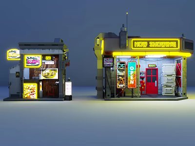 Vintage Storefront Buildings With Neon Signs Red Door And Display Windows 3d model