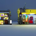 Vintage Storefront Buildings With Neon Signs Red Door And Display Windows
