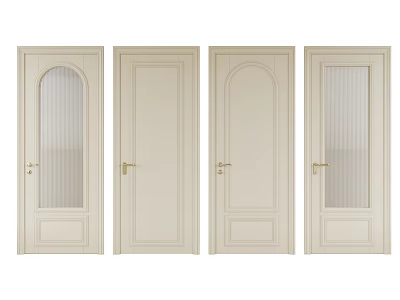 Cream Colored Modern Swing Doors with Arch Rectangular Panels Glass Inserts and Golden Handles 3d model