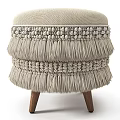 Handcrafted Woven Footstool With Tassel Trim And Wooden Legs In Neutral Tone
