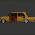 Vintage Yellow Car With Graffiti Art Number 69 And Worn Exterior Design