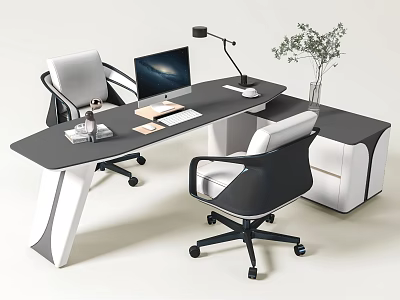 Modern L Shaped Office Desk With Computer Monitor Desk Lamp Plant And Office Chairs 3d model