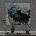 Abstract Painting In Blue Black Ink Style With Cloud Like Patterns Hanging On Wall