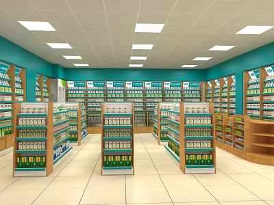 Well Organized Pharmacy Store Interior With Shelves Stocked Full Of Various Medicines 3d model