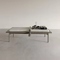 Modern Minimalist Wooden Ottoman With Light Green Cushion And Decorative Items On Gray Floor