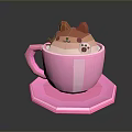 Cute Cartoon Cat Inside Pink Cup With Brown Ears And Blush On Hexagonal Coaster