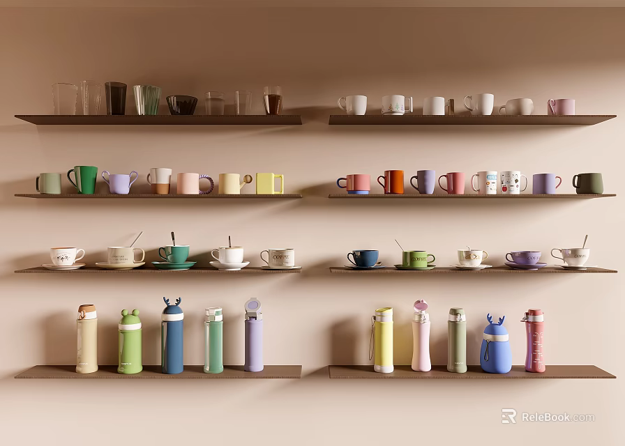 Different Types of Colorful Cups on Shelves with Neat Arrangement and Various Designs 3d model 