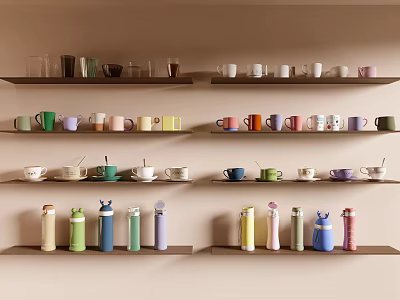 Different Types of Colorful Cups on Shelves with Neat Arrangement and Various Designs 3d model