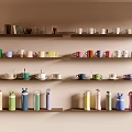 Different Types of Colorful Cups on Shelves with Neat Arrangement and Various Designs