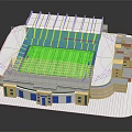 Modern Stadium Building With Green Football Pitch Blue Stands And White Roof Structure
