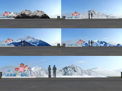 Outdoor Stage With Mountain Background And Flower Decorations And Silhouette Figures 3d model