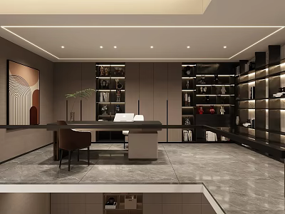 Basement Modern Study Interior With Elegant Bookshelves Desk Lighting And Gray Flooring 3d model