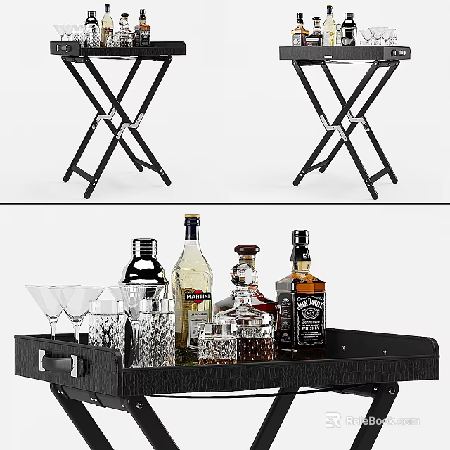 Black Foldable Wheeled Side Table with Barware and Bartending Supplies for Home Bar Use 3d model 