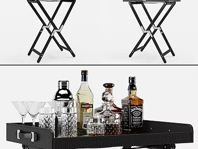 Black Foldable Wheeled Side Table with Barware and Bartending Supplies for Home Bar Use 3d model