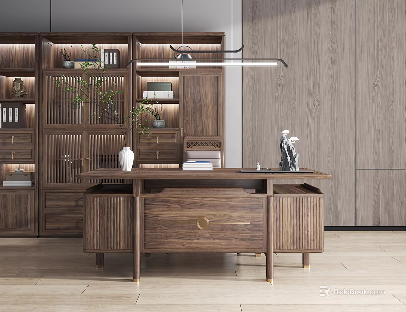 Elegant Chinese Modern Wooden Desk With Bookshelves Plant Vase And Sculpture 3d model 