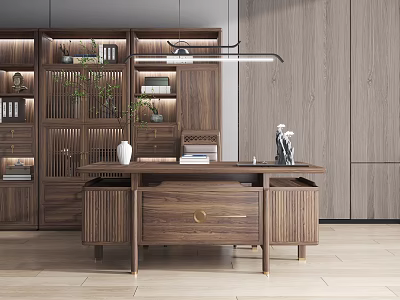 Elegant Chinese Modern Wooden Desk With Bookshelves Plant Vase And Sculpture 3d model