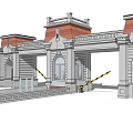 Classic European Entrance Gate With Red Roof Symmetrical Architecture Front Pool And Yellow Black Barriers