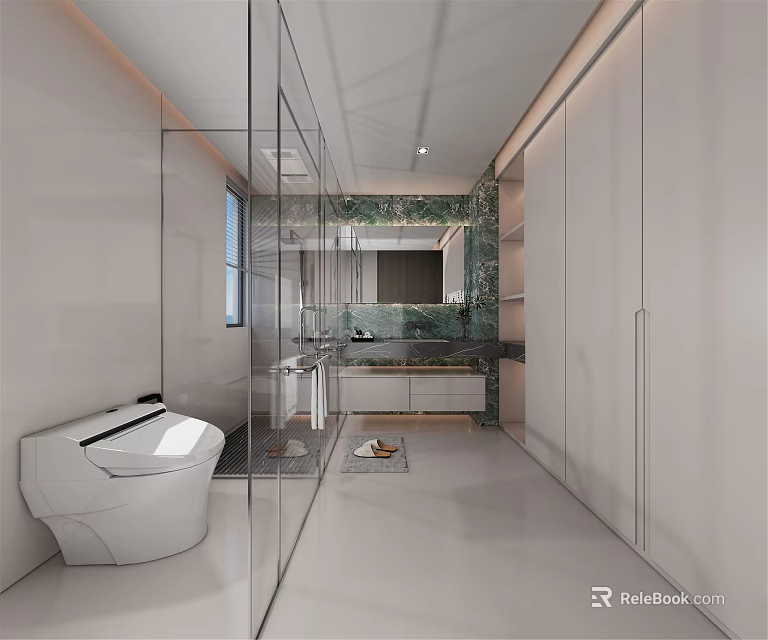 Modern Bathroom Interior With Glass Shower Partition Smart Toilet Marble Countertop Green Wall And Large Mirror 3d model 