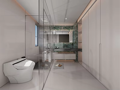 Modern Bathroom Interior With Glass Shower Partition Smart Toilet Marble Countertop Green Wall And Large Mirror 3d model