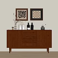 Wooden Entryway Console Table With Decorative Bottles Coffee Machine And Wall Art 3d model