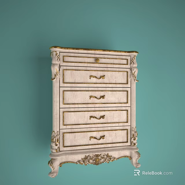 Vintage White Chest of Drawers With Ornate Carvings and Golden Handles 3d model 