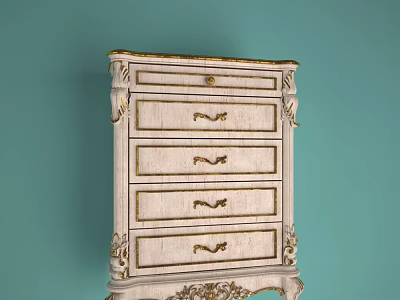 Vintage White Chest of Drawers With Ornate Carvings and Golden Handles 3d model