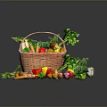 Fresh Colorful Vegetables in Wicker Basket with Scattered Carrots Bell Peppers and Broccoli