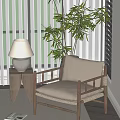 Stylish Accent Chair With Wooden Frame Linen Cushion By Side Table Lamp And Green Plant