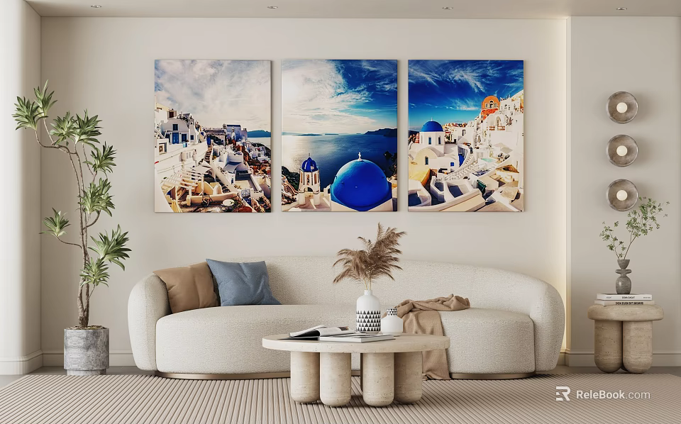 Modern Living Room With Santorini Triptych Art Blue Dome White Buildings And Sofa 3d model 