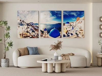 Modern Living Room With Santorini Triptych Art Blue Dome White Buildings And Sofa 3d model