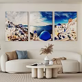 Modern Living Room With Santorini Triptych Art Blue Dome White Buildings And Sofa