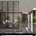 Modern Elegant Office Corridor Interior With Marble Flooring Green Plants And Lattice Partition