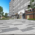 Modern Commercial Street With Glass Facade Buildings Shops Trees And Pedestrians In Sunny Plaza