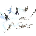 Skeletons and Blue Dragon Figure in Multiple Poses Displayed on White Background