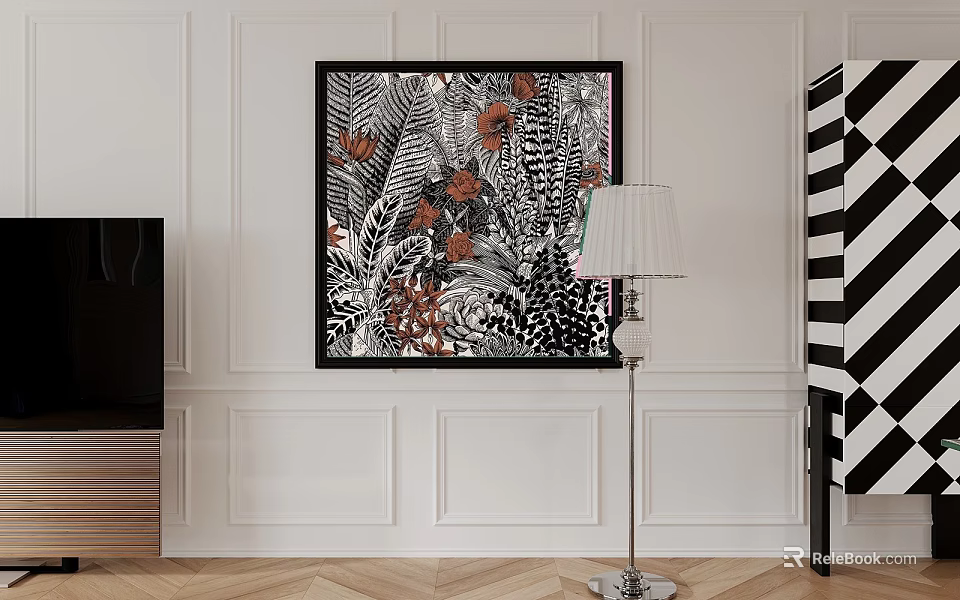 Elegant Botanical Painting With Floral Leaves On White Wall And Floor Lamp Home Decor 3d model 