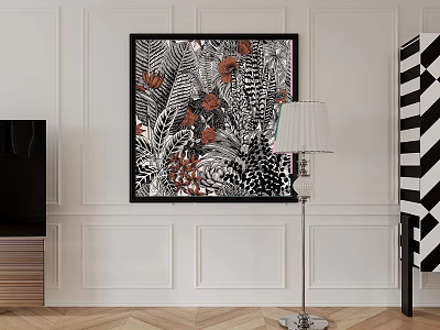 Elegant Botanical Painting With Floral Leaves On White Wall And Floor Lamp Home Decor 3d model