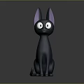 Cute Black Cartoon Cat With Purple Ears Big Eyes Sitting On Gray Background