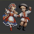 Kids In Traditional Folk Costumes With Floral Headdress Hat And Holding Hands