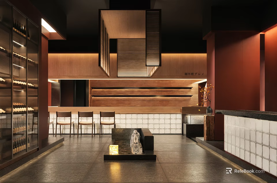 Traditional Japanese Restaurant Interior With Wooden Bar Counter Warm Lighting And Seating 3d model 