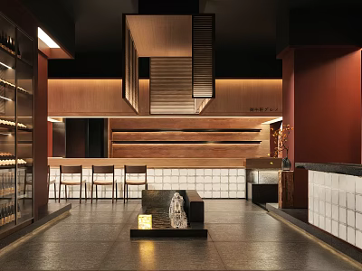 Traditional Japanese Restaurant Interior With Wooden Bar Counter Warm Lighting And Seating 3d model
