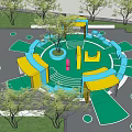 Children's Playground With Circular Green Floor Yellow Blue Play Structures And Trees