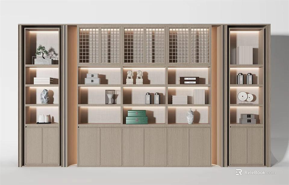 Sleek Modern Wooden Decorative Cabinet With Illuminated Shelves And Decor Items 3d model 