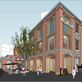 Vibrant Commercial Street Featuring Red Brick Buildings Fountain Trees And Pedestrians