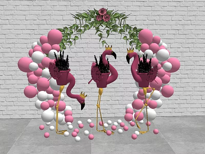 Flamingo Inflatable Decorations With Pink And White Balloons Green Vine Ornaments Against White Brick Wall 3d model